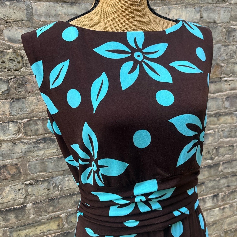 Jessica Howard Ruched Midi Dress Hawaiian Print Floral Chocolate Blue Size 12 - Picture 2 of 10